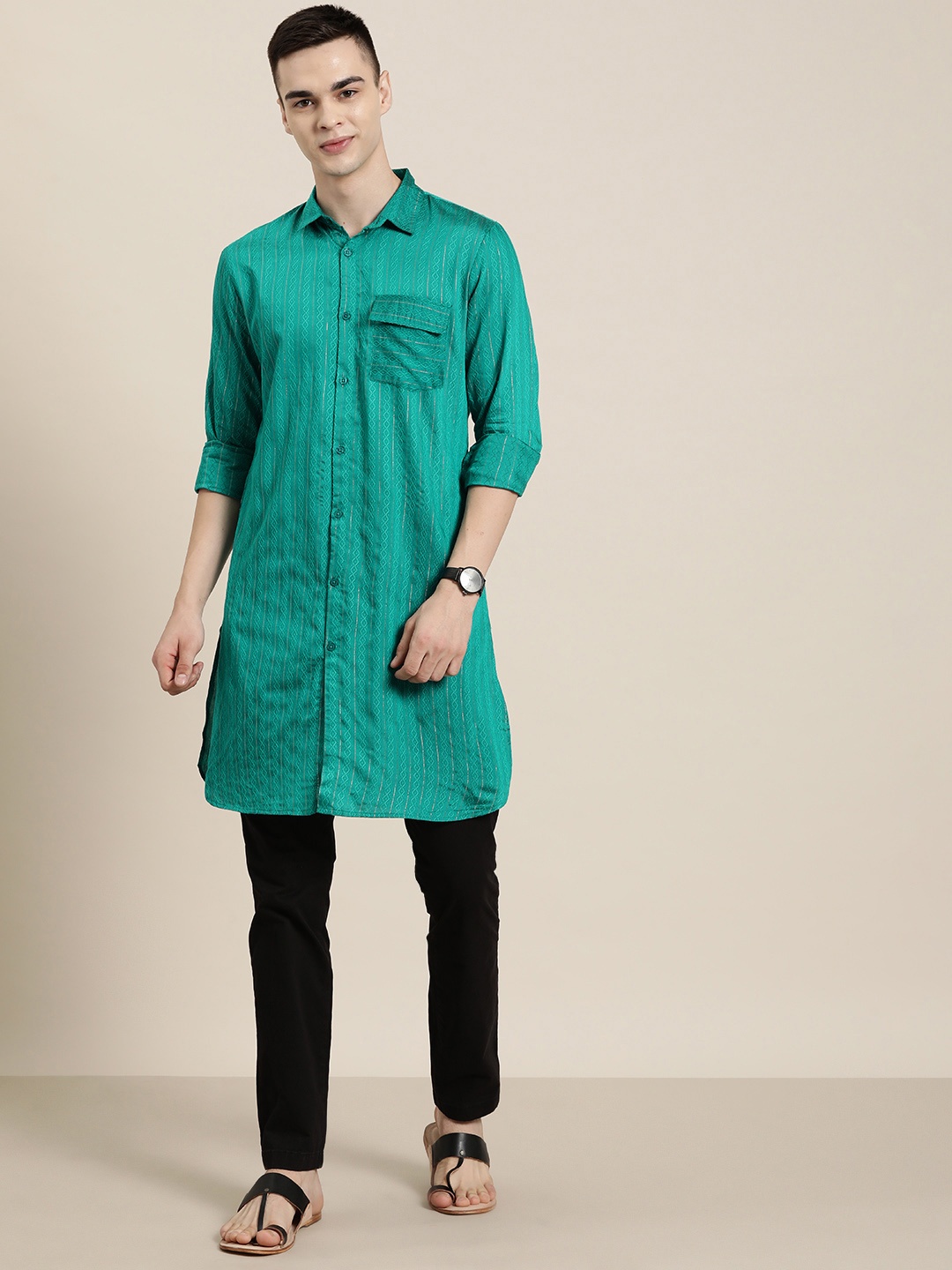 

HERE&NOW Men Woven Design Geometric Kurta, Sea green