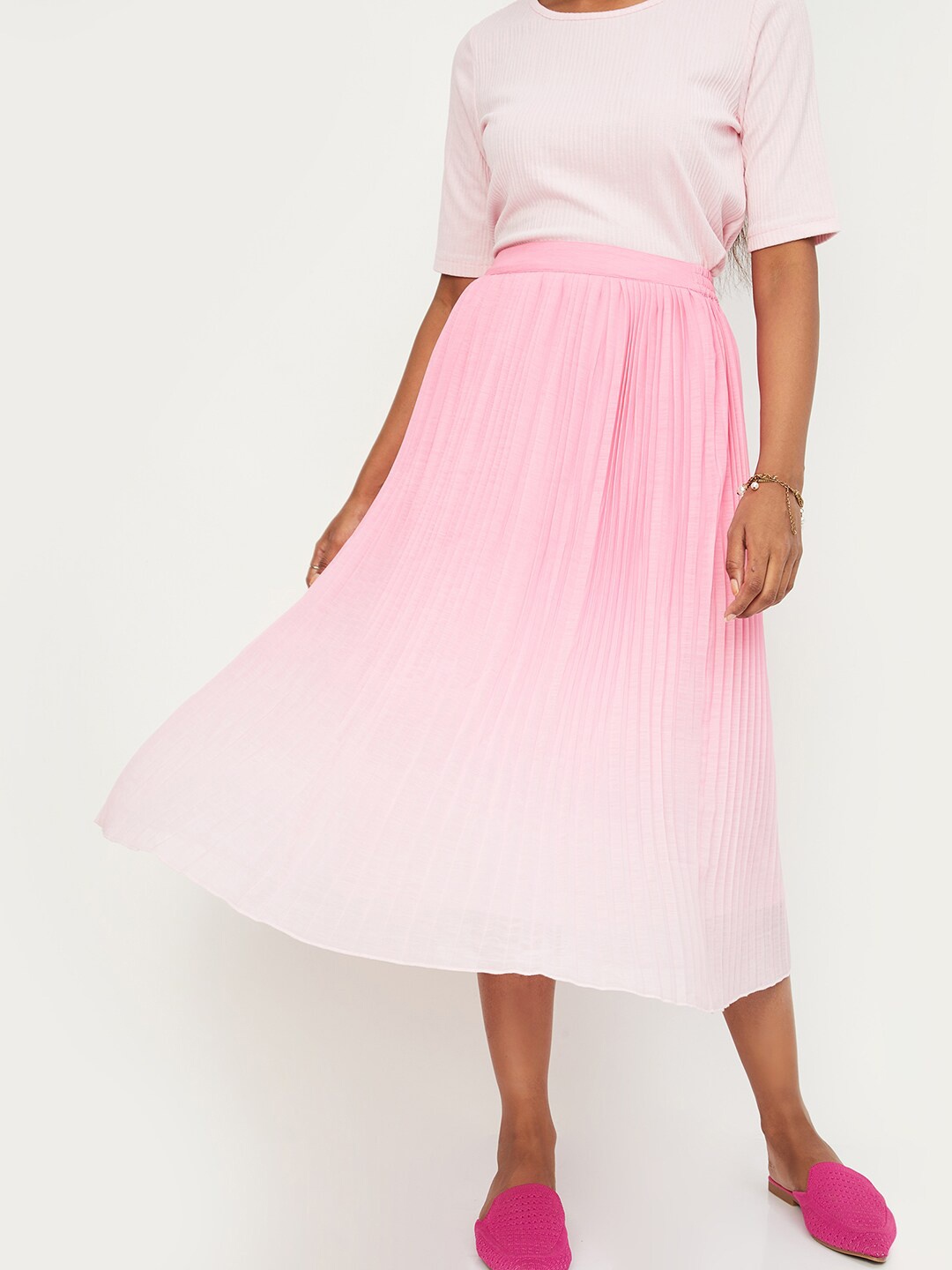 

max Dyed Flared Accordion Pleats Knee Length Skirt, Pink