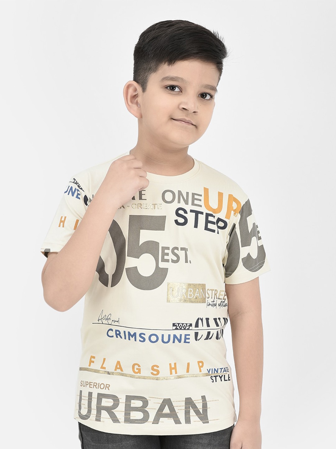 

Crimsoune Club Boys Typography Printed Round Neck T-Shirt, Cream