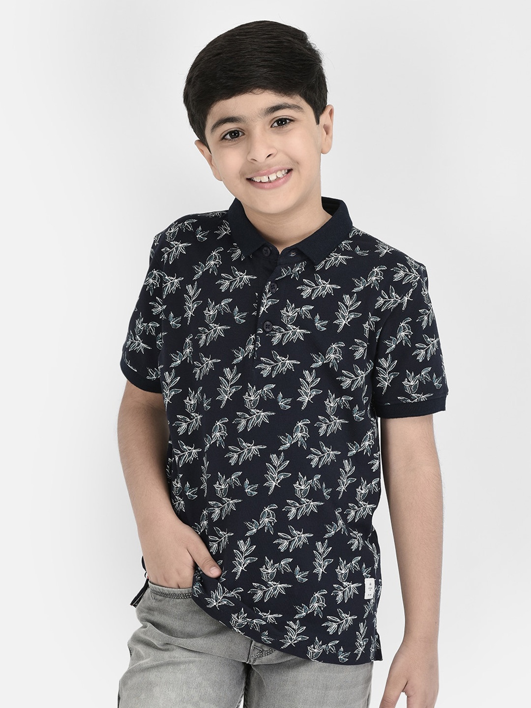 

Crimsoune Club Boys Conversational Printed Polo Collar Cotton T-Shirt, Navy blue