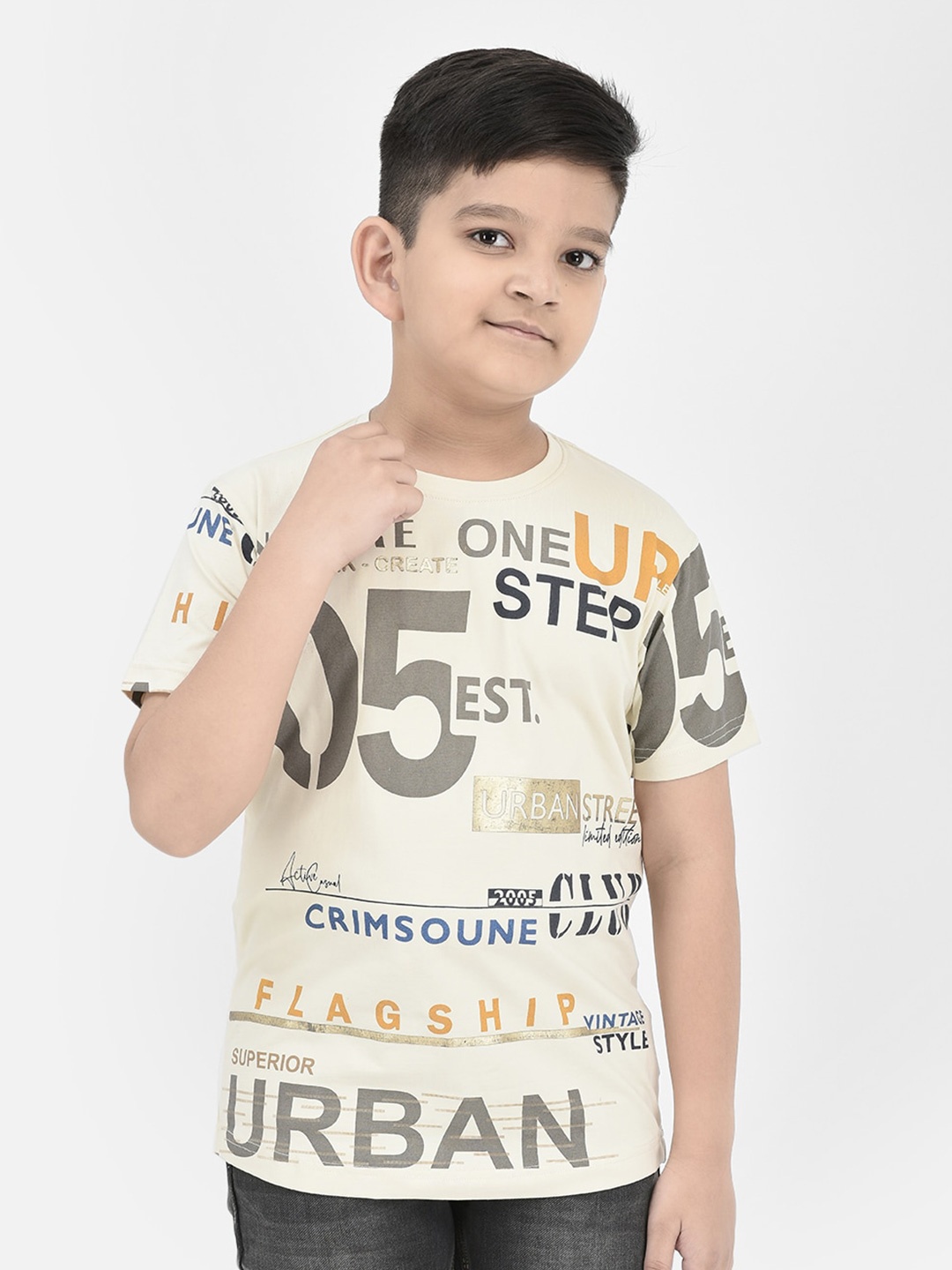 

Crimsoune Club Boys Typography Printed Round Neck T-Shirt, Cream