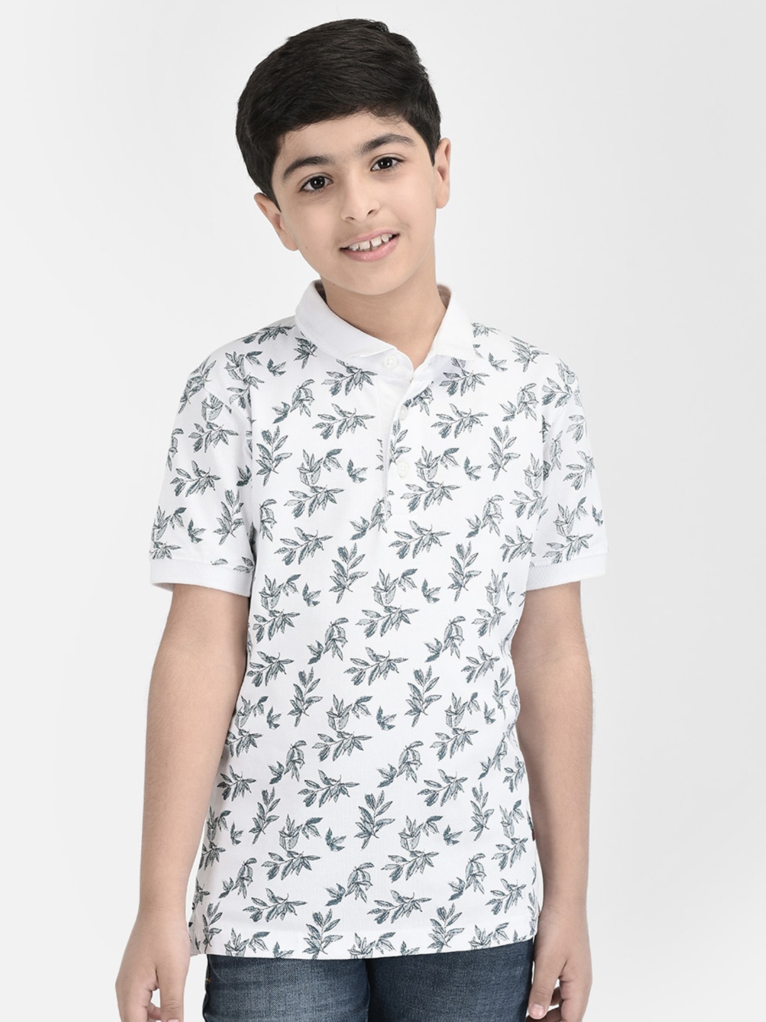 

Crimsoune Club Boys Floral Printed Polo Collar T-shirt, White