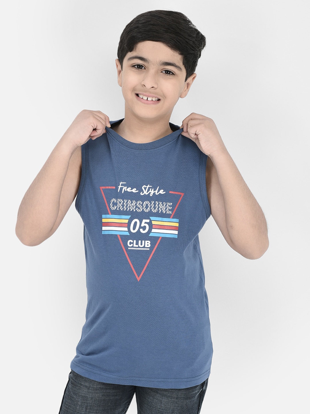 

Crimsoune Club Boys Typography Printed Sleeveless Pure Cotton T-Shirt, Blue