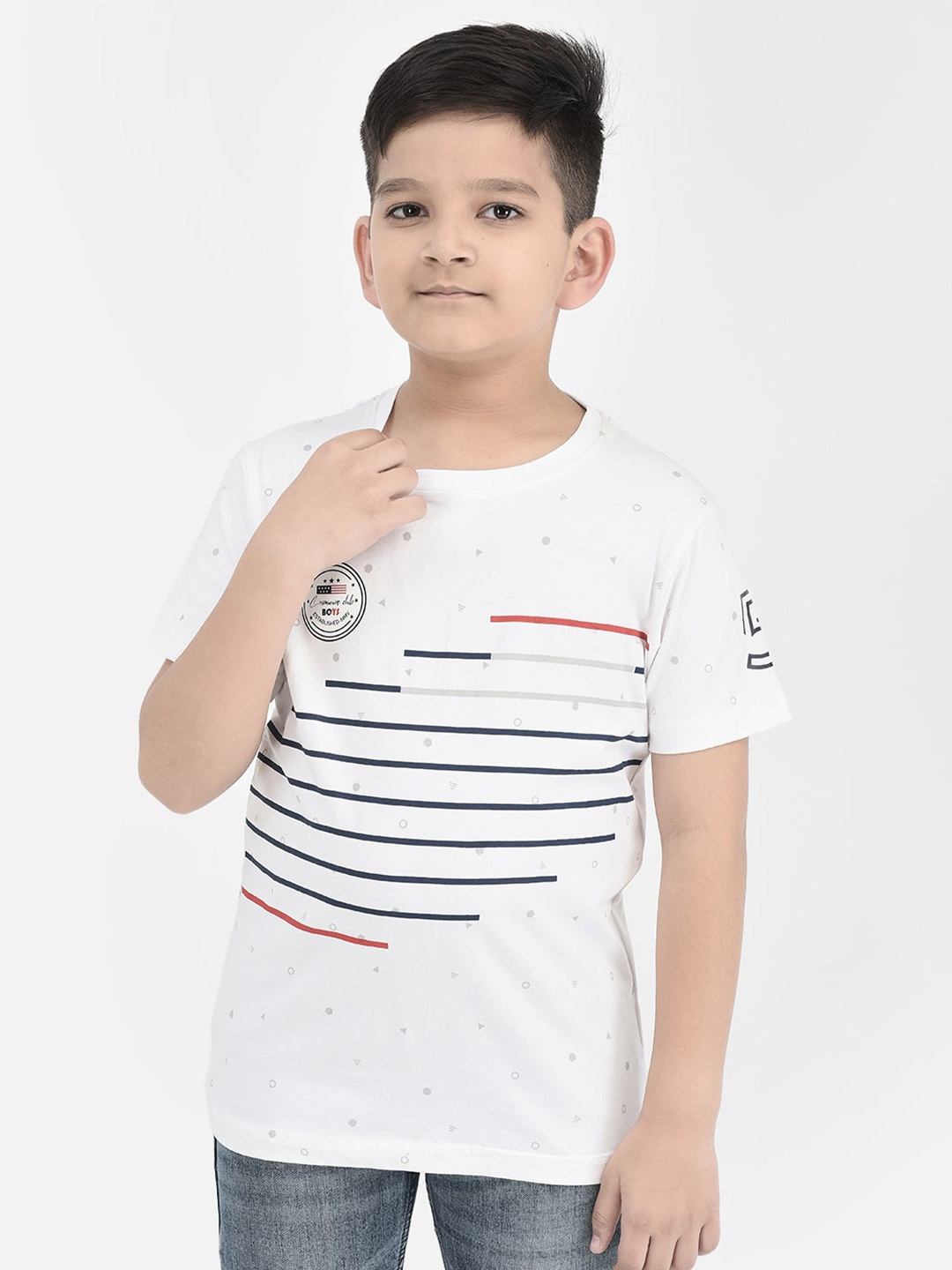 

Crimsoune Club Boys Striped Pure Cotton T-shirt, White