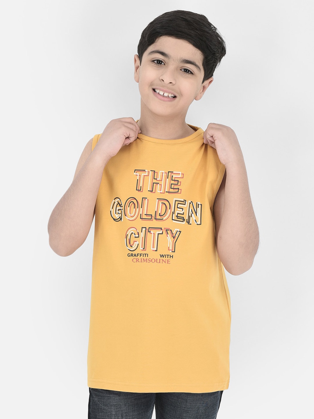 

Crimsoune Club Boys Typography Printed Pure Cotton T-shirt, Mustard