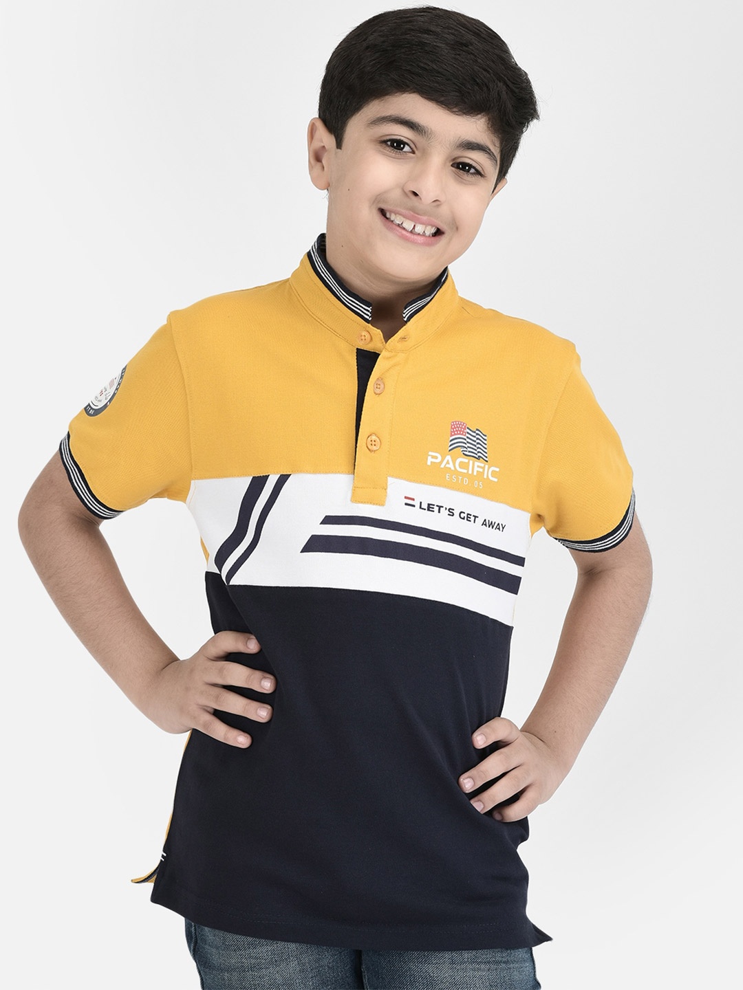 

Crimsoune Club Boys Colourblocked Mandarin Collar Cotton T-Shirt, Yellow