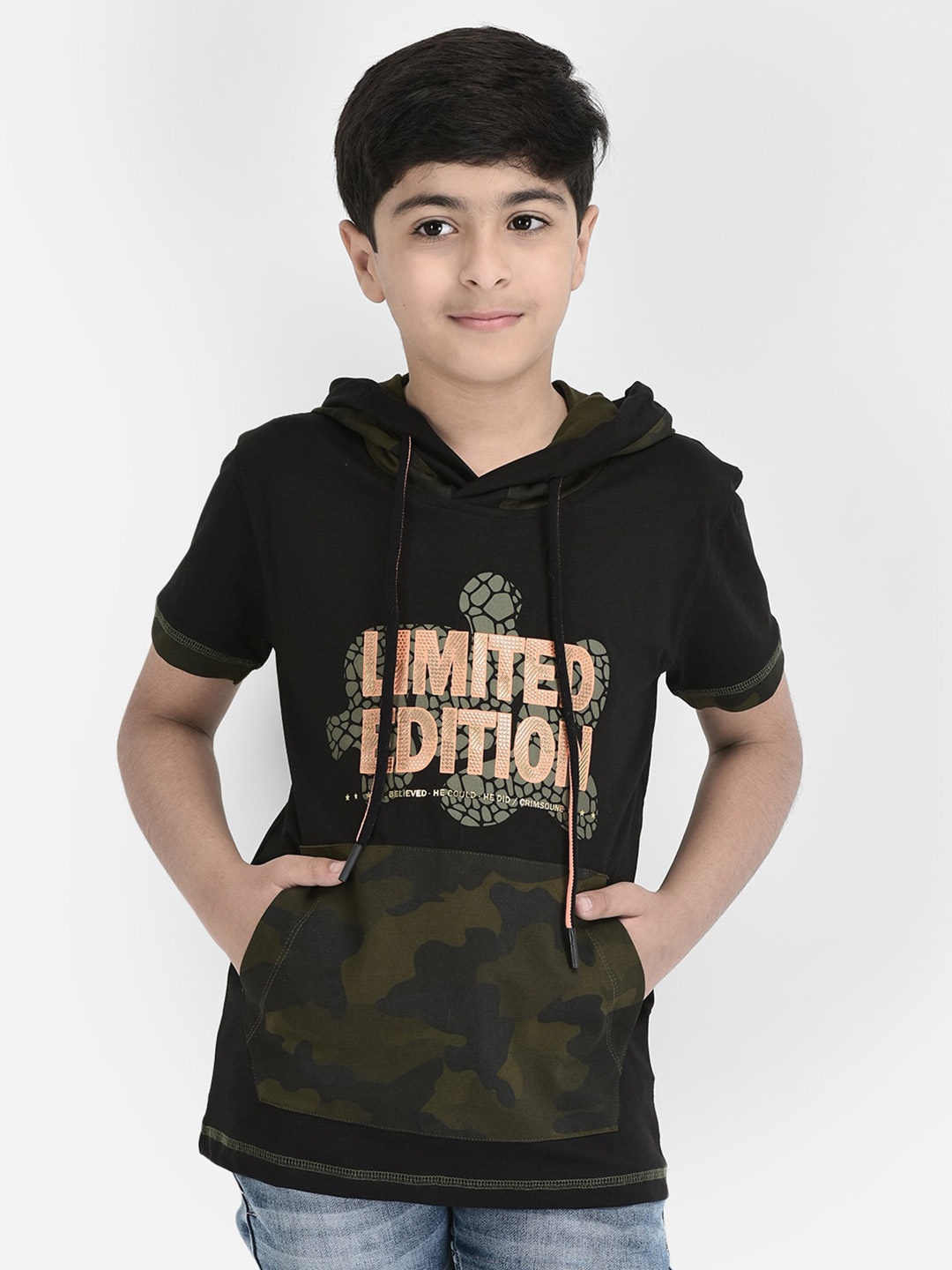 Crimsoune Club Boys Typography Printed Hooded Cotton T-Shirt, Black