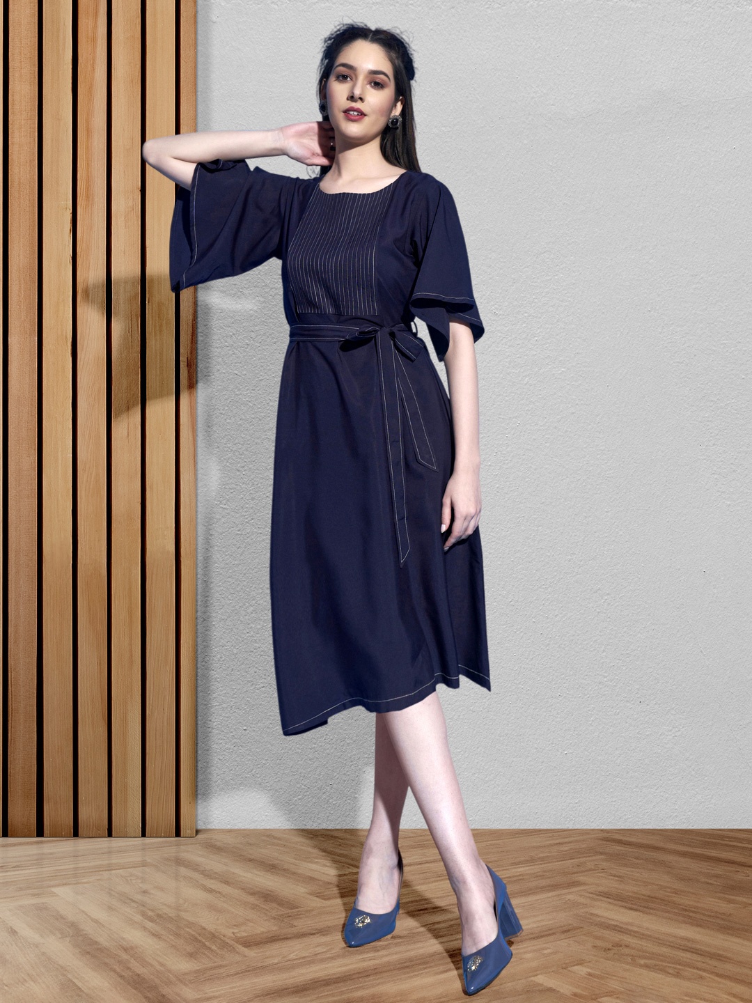 

DressBerry Navy Blue Flared Sleeve Crepe A-line Dress With Belt