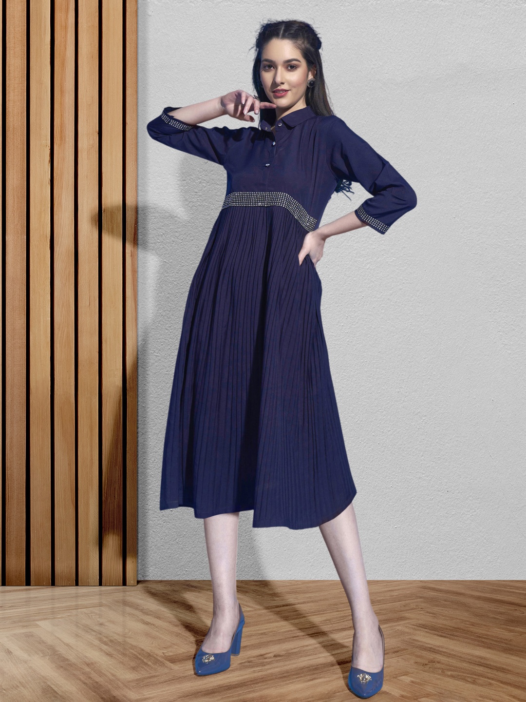 

DressBerry Blue Accordion Pleated Midi A-Line Dress