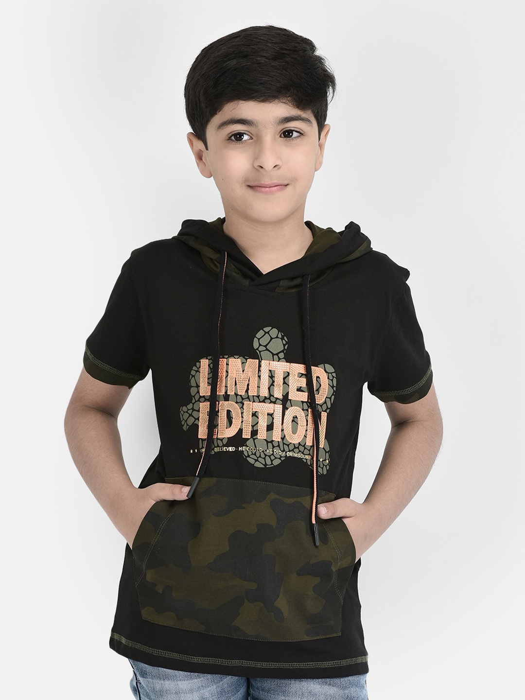 Crimsoune Club Boys Typography Printed Hooded T-Shirt, Black