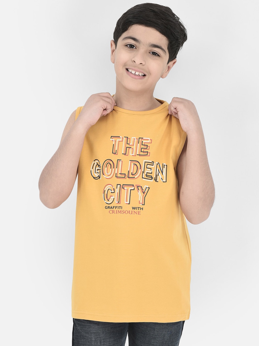 

Crimsoune Club Boys Typography Printed Sleeveless Pure Cotton T-shirt, Mustard