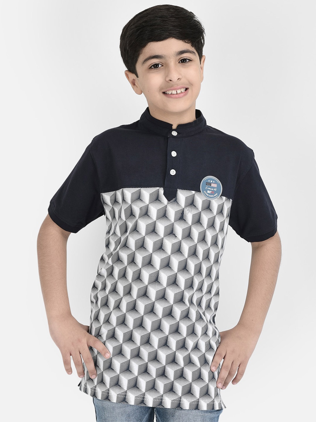 

Crimsoune Club Boys Printed Mandarin Collar Pure Cotton T-shirt, Navy blue