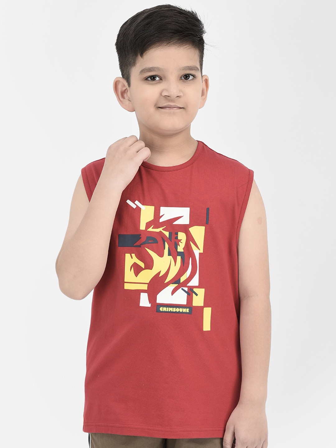 

Crimsoune Club Boys Graphic Printed Sleeveless Pure Cotton T-Shirt, Red