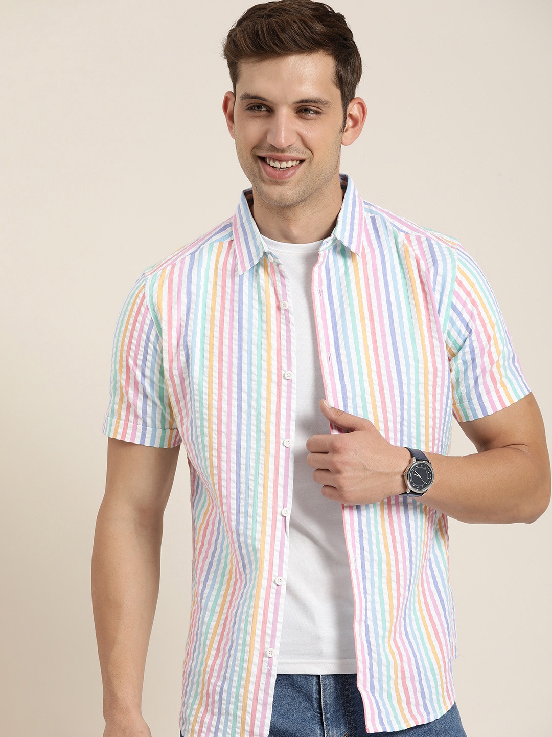 

HERE&NOW Men Slim Fit Opaque Striped Casual Shirt, Multi