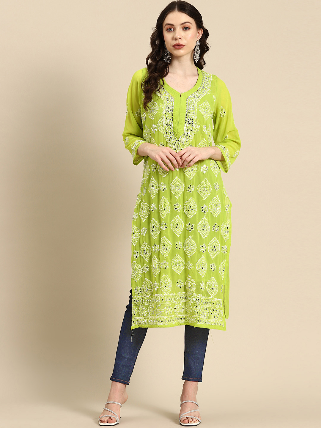 

Saadgi Embroidered Chikankari Mirror Work Shadow Work Kurta, Lime green