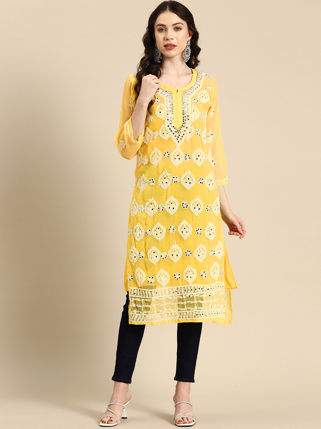 

Saadgi Embroidered Chikankari Mirror Work Shadow Work Kurta, Yellow