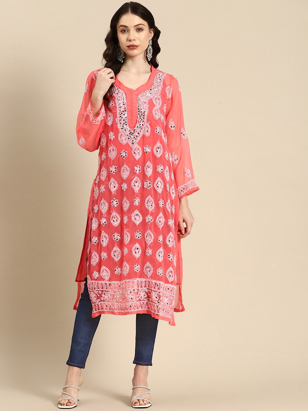 

Saadgi Embroidered Chikankari Mirror Work Shadow Work Kurta, Coral