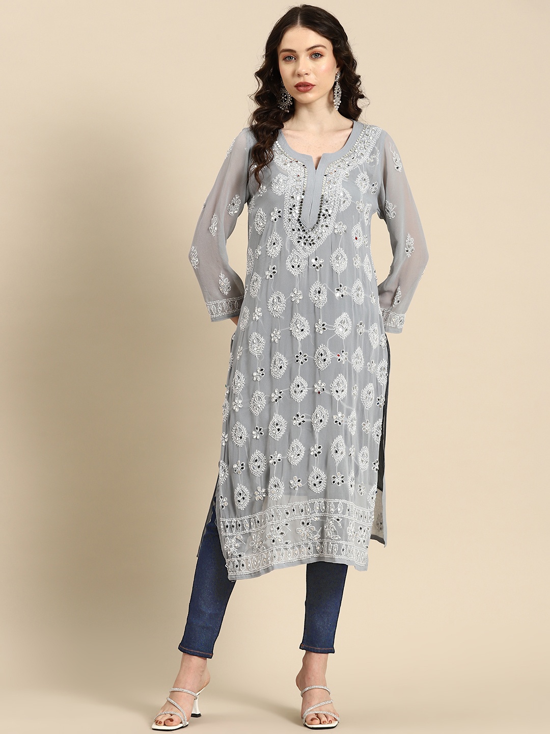 

Saadgi Embroidered Chikankari Mirror Work Shadow Work Kurta, Grey