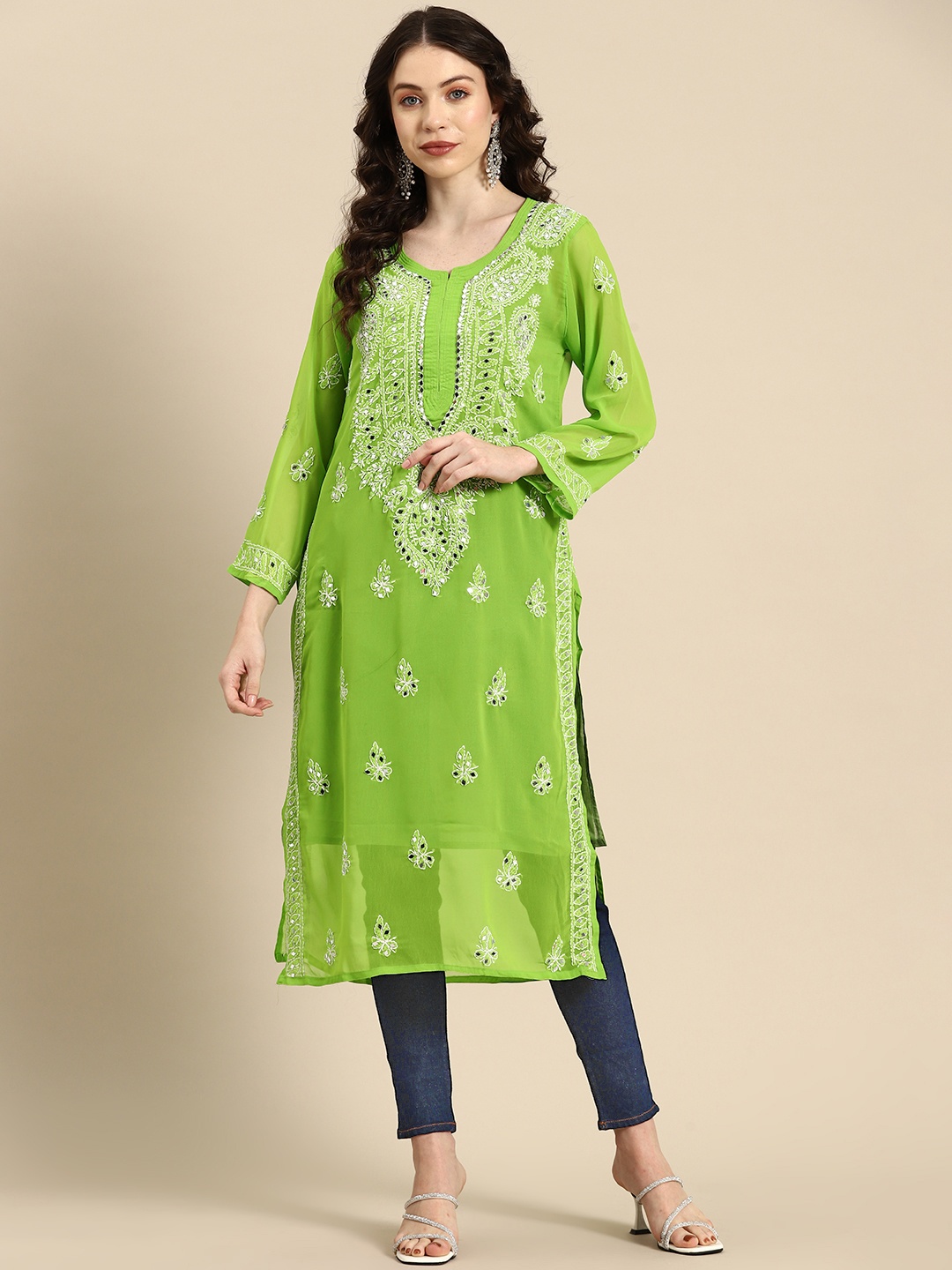 

Saadgi Embroidered Chikankari Mirror Work Shadow Work Kurta, Green
