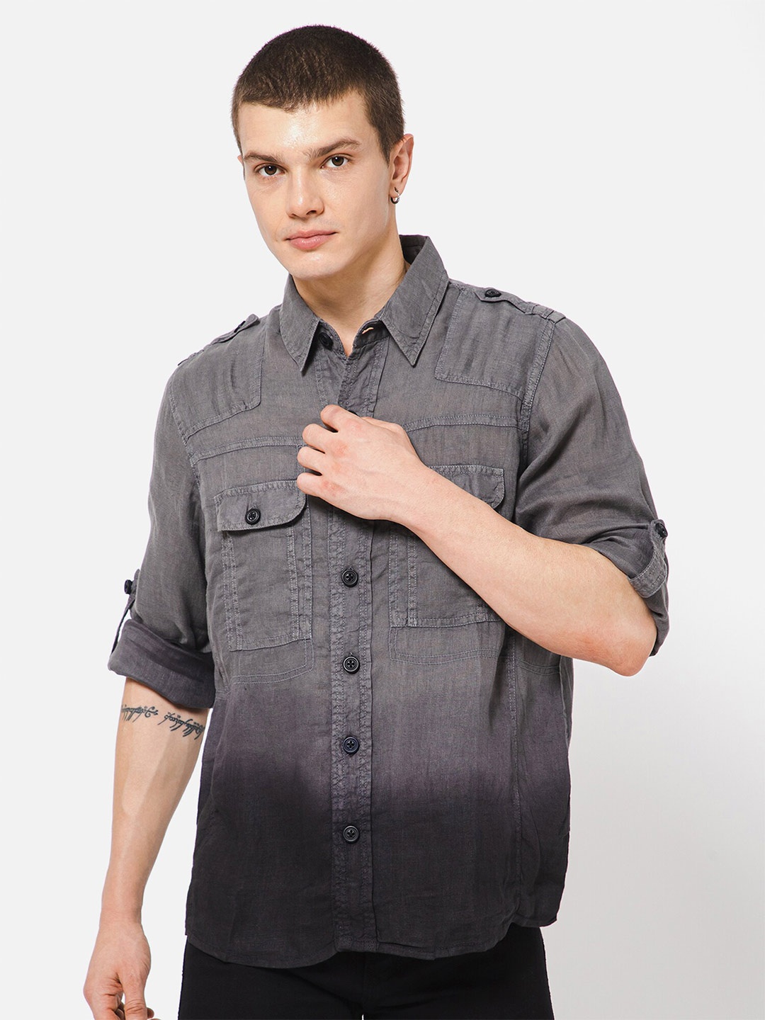 

PUNK Ombre Dyed Twill Weave Cotton Casual Shirt, Grey