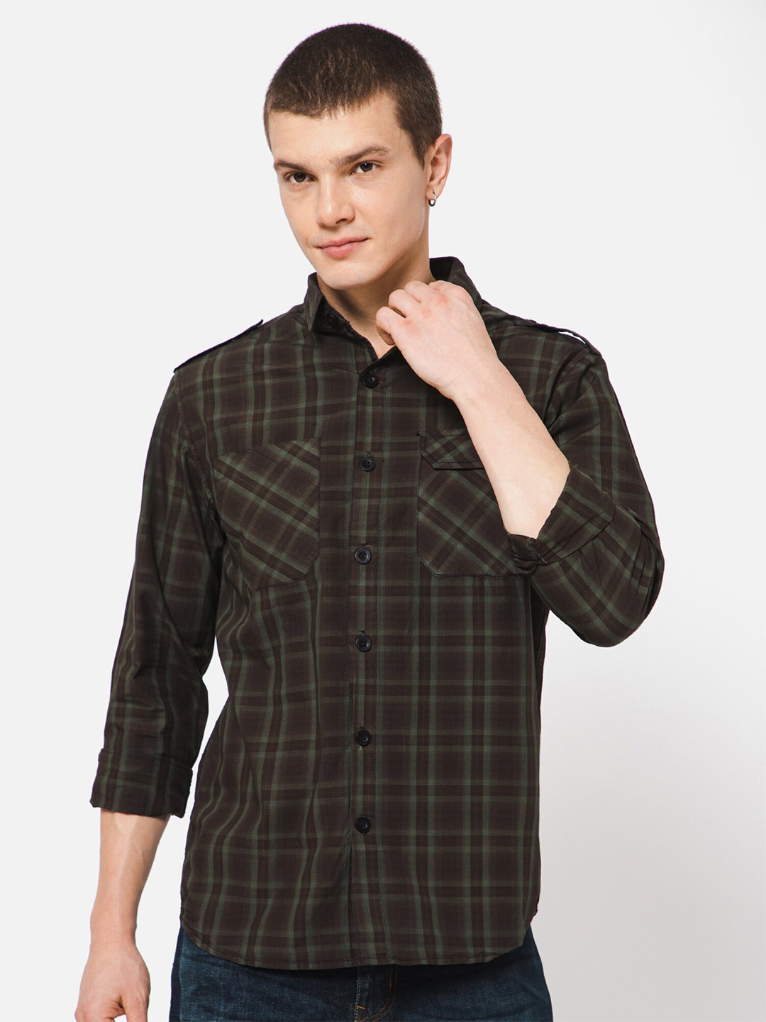 

PUNK Tartan Checked Cotton Casual Shirt, Olive