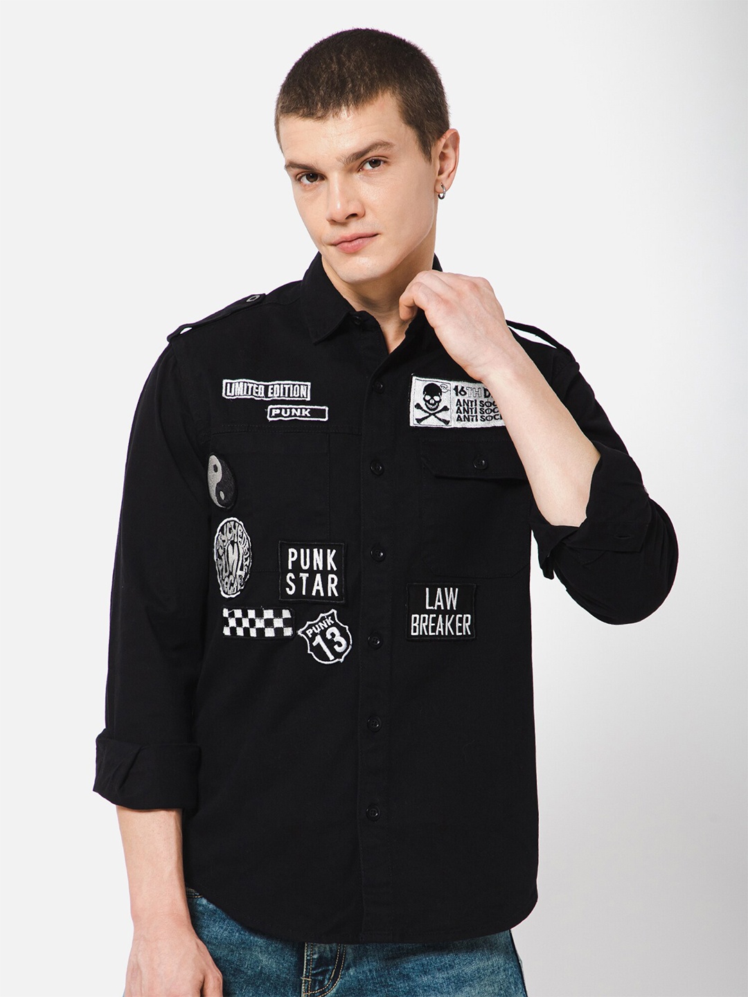 

PUNK Typography Printed Twill Weave Cotton Casual Shirt, Black