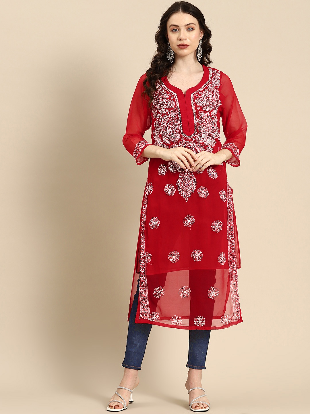 

Saadgi Embroidered Chikankari Mirror Work Shadow Work Kurta, Red