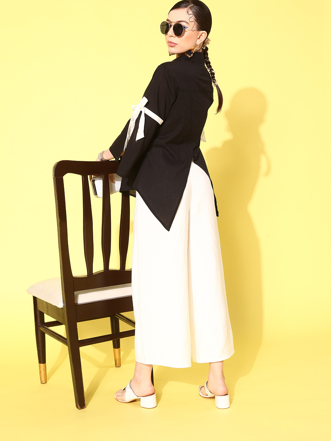

Nayam By Lakshita Slit Sleeves Cotton Cambric Shirt Style Longline Top with Bow Detail, Black