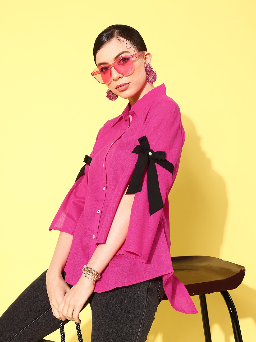 

Nayam By Lakshita Slit Sleeves Cotton Shirt Style Longline Top with Bow Detail, Fuchsia