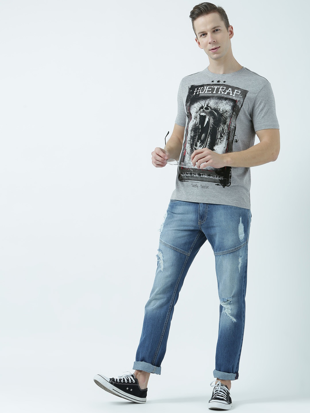 

Huetrap Men Grey Melange Printed Round Neck T-shirt
