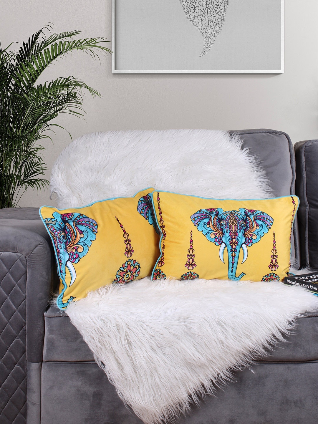 

STITCHNEST Yellow & Blue 2 Pieces Ethnic Motifs Printed Velvet Rectangle Cushion Covers