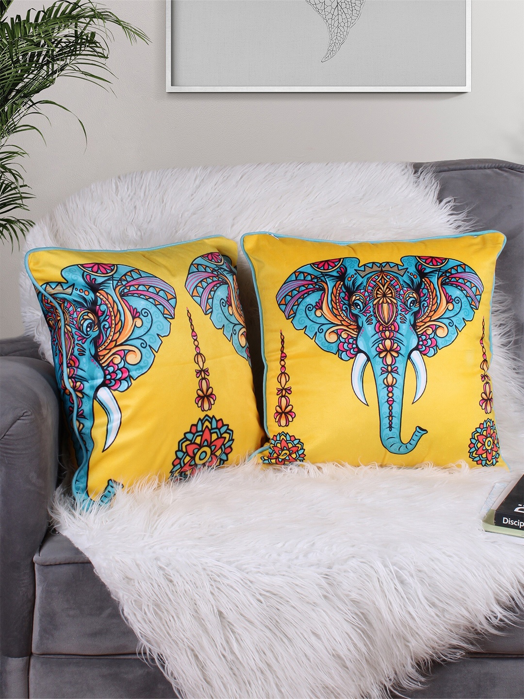 

STITCHNEST Yellow & Blue 2 Pieces Ethnic Motifs Velvet Square Cushion Covers