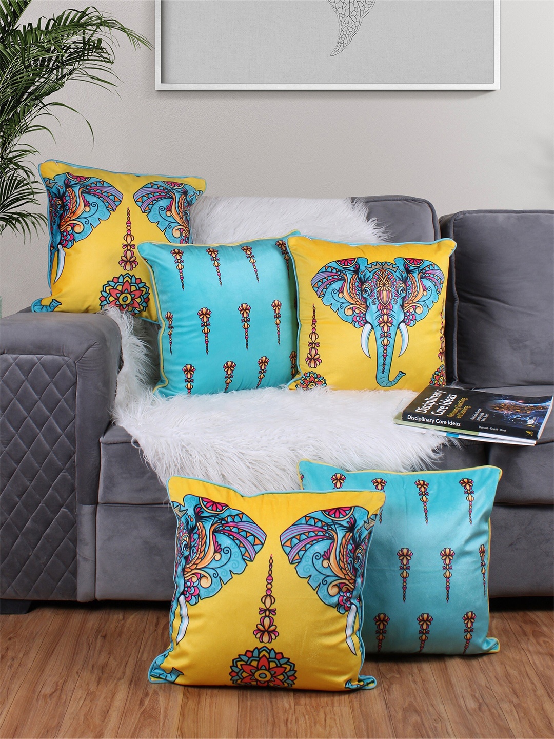 

STITCHNEST Yellow & Blue 5 Pieces Ethnic Motifs Printed Velvet Square Cushion Covers