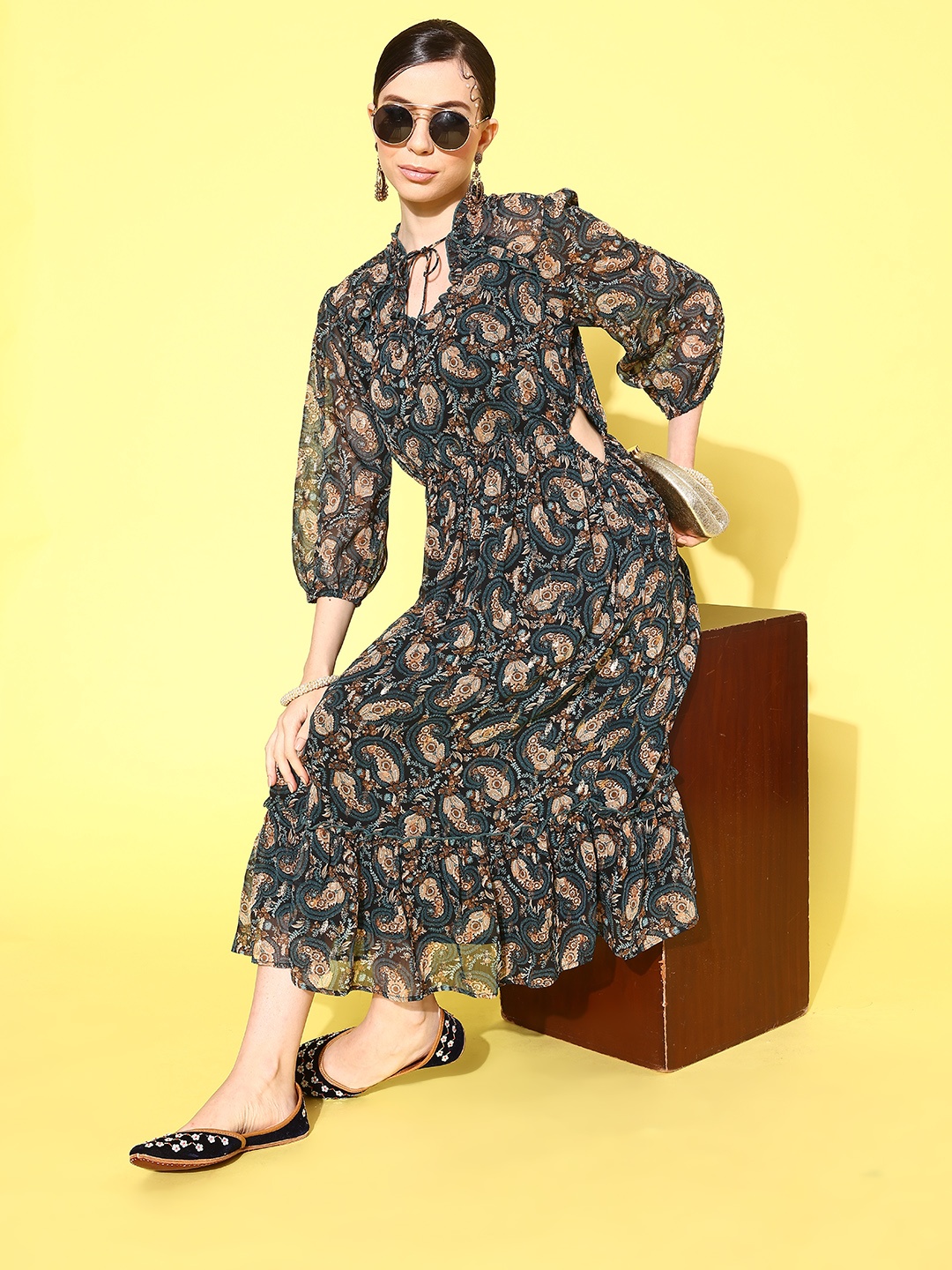 

Nayam By Lakshita Ethnic Motifs Print Tie-Up Neck Puff Sleeves Dress with Cut-Out Detail, Teal