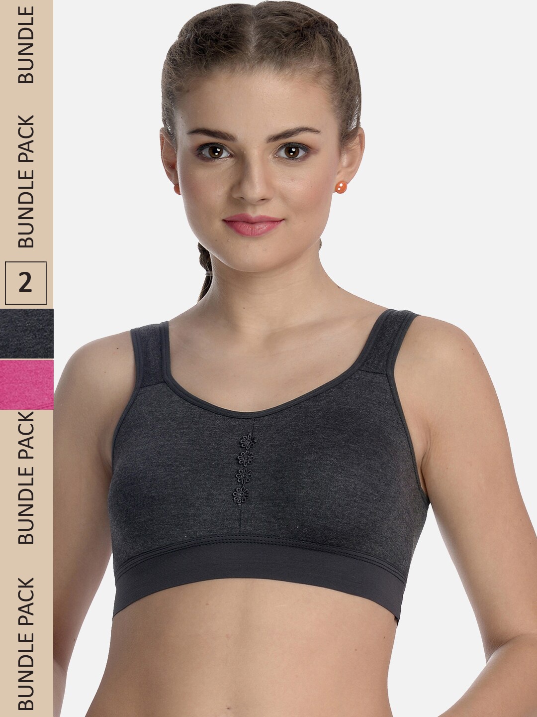 

FIMS Pack Of 2 Dry-Fit Full Coverage Cotton Sports Bra, Black