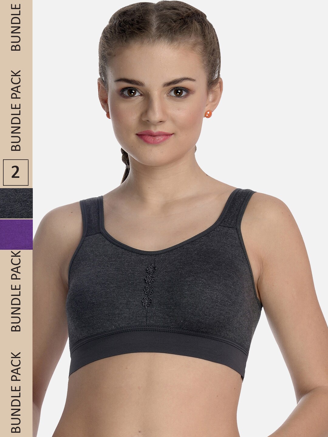 

FIMS Pack Of 2 Dry-Fit Full Coverage Cotton Sports Bra, Black