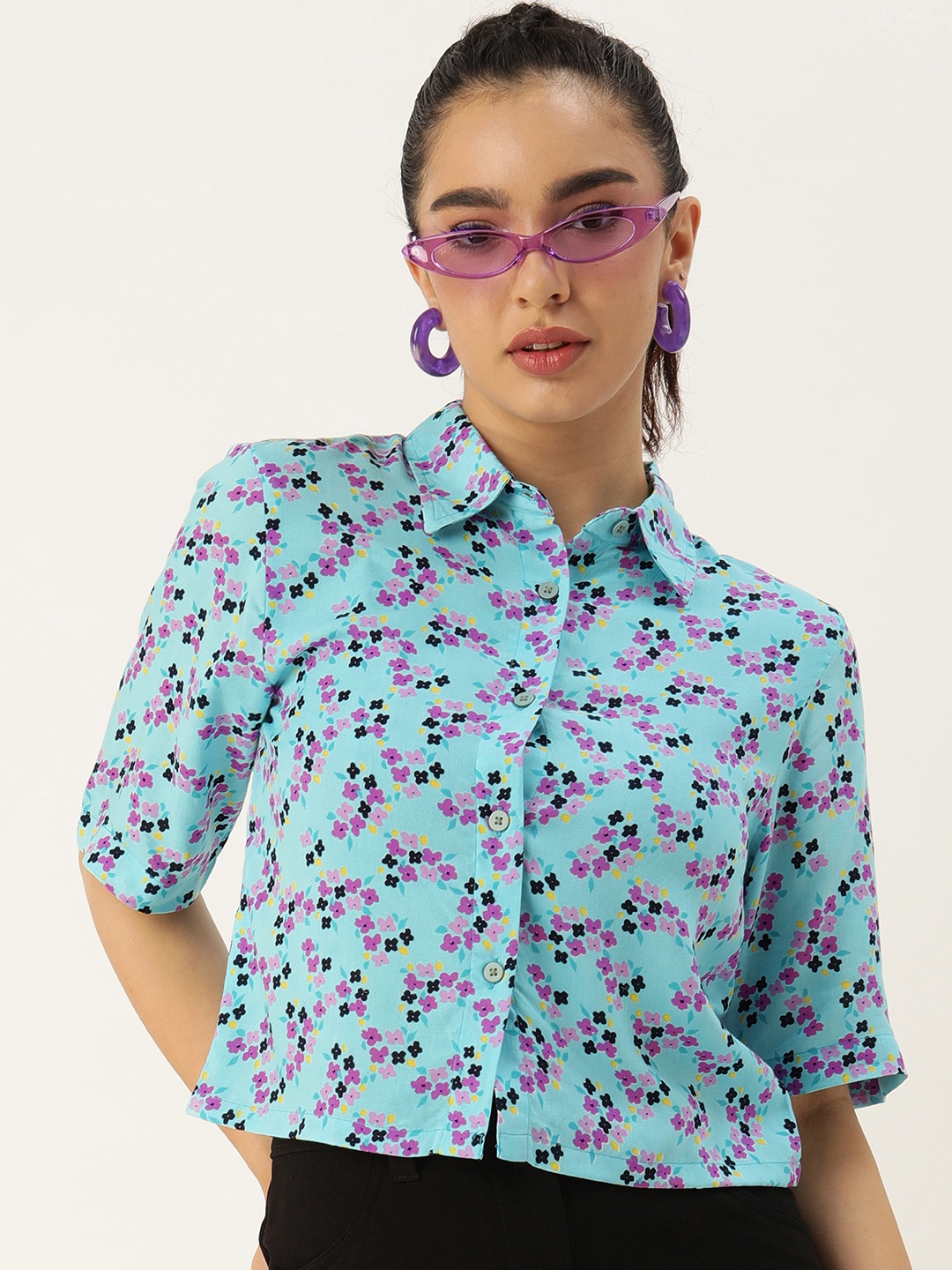 

Kook N Keech Women Comfort Floral Printed Opaque Casual Shirt, Turquoise blue