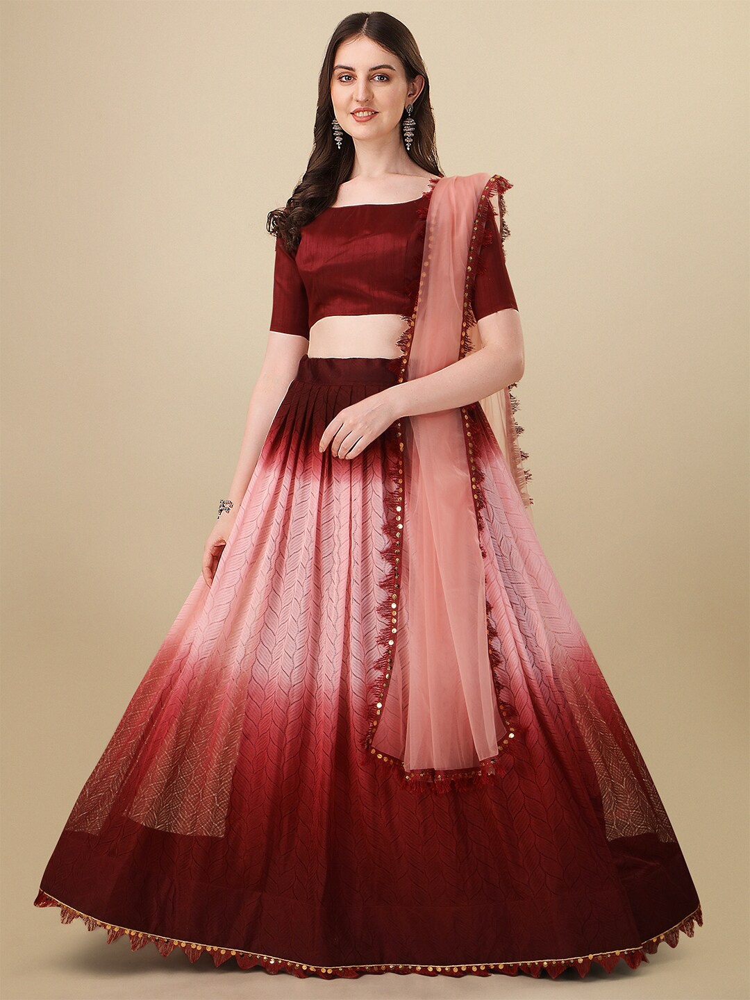 

Amrutam Fab Self Design Rasal Net Semi-Stitched Lehenga & Unstitched Blouse With Dupatta, Maroon