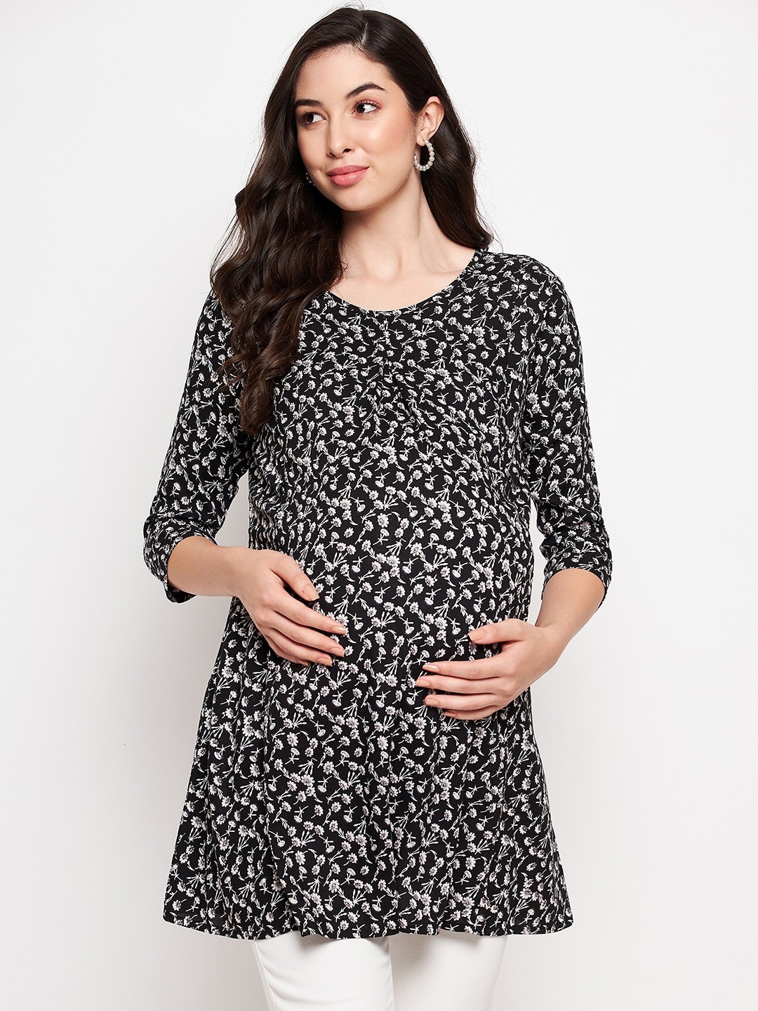 

Hypernation Floral Printed Cinched Waist Longline Maternity Top, Black