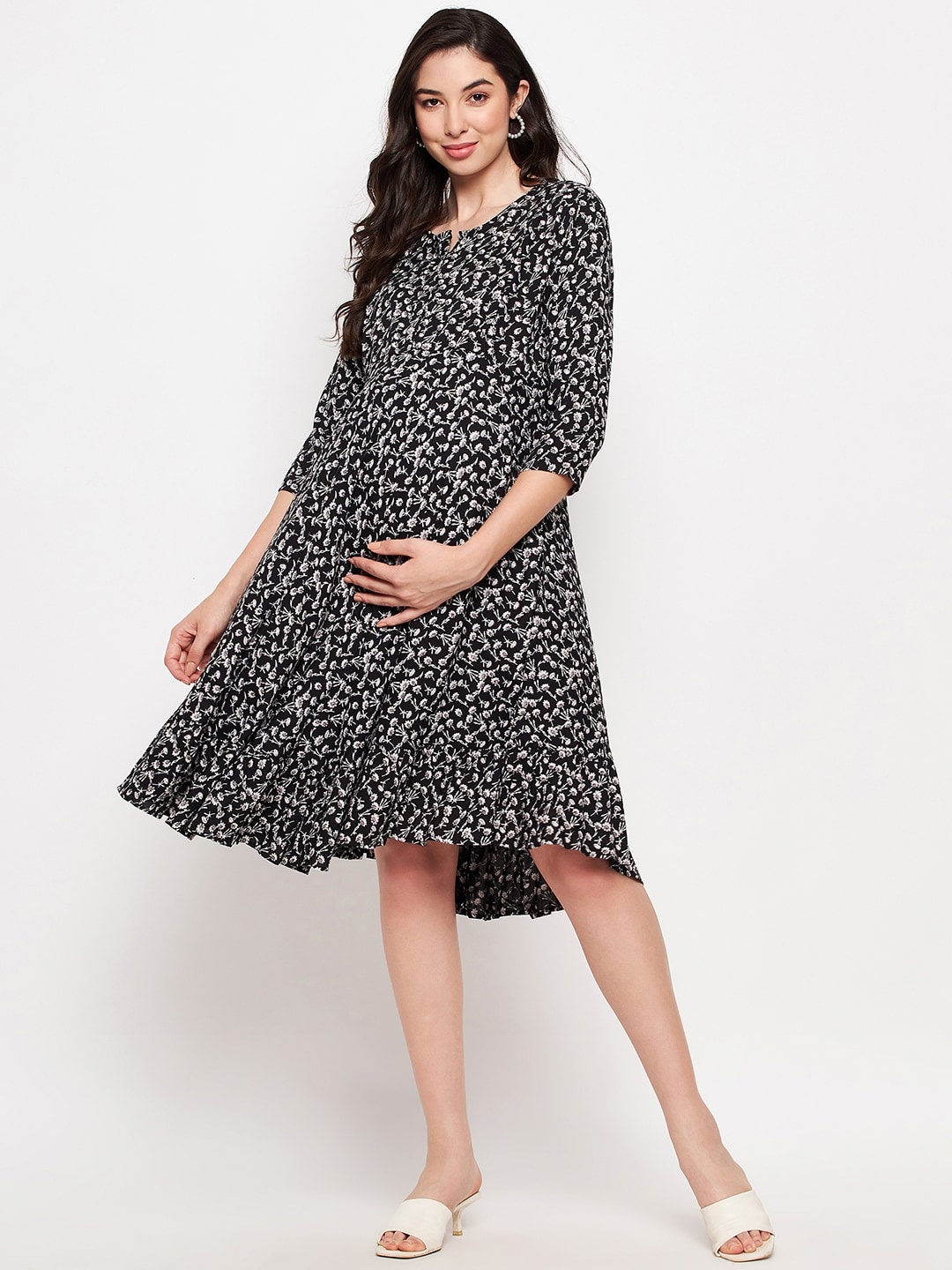 

Hypernation Floral Printed Maternity A-Line Dress, Black