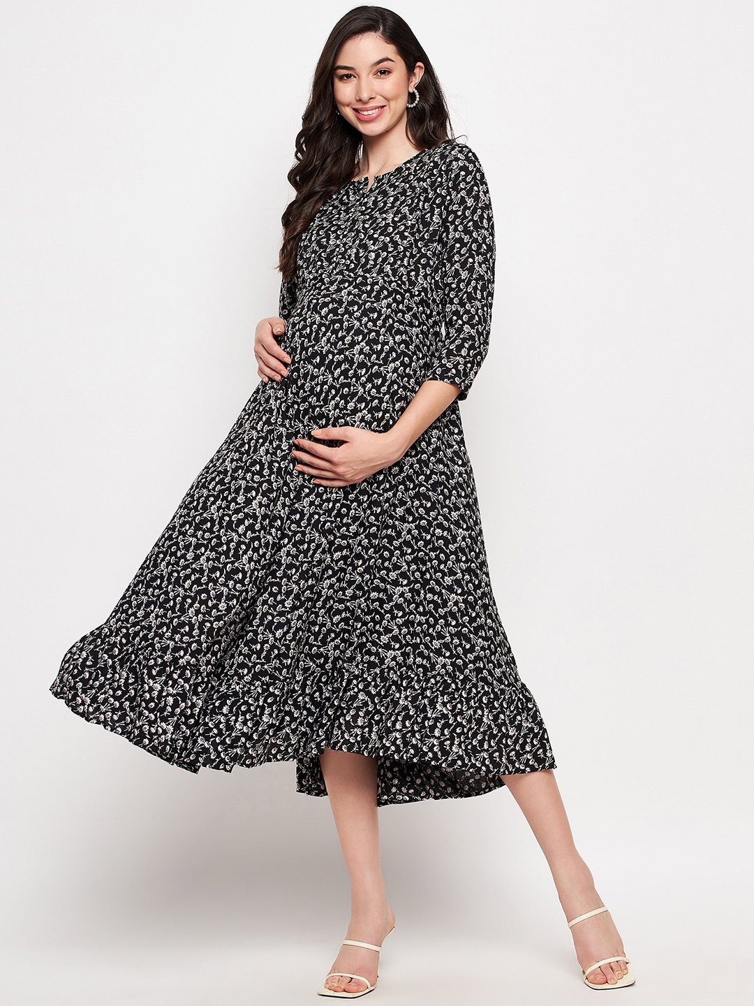 

Hypernation Floral Printed Maternity A-Line Midi Dress, Black