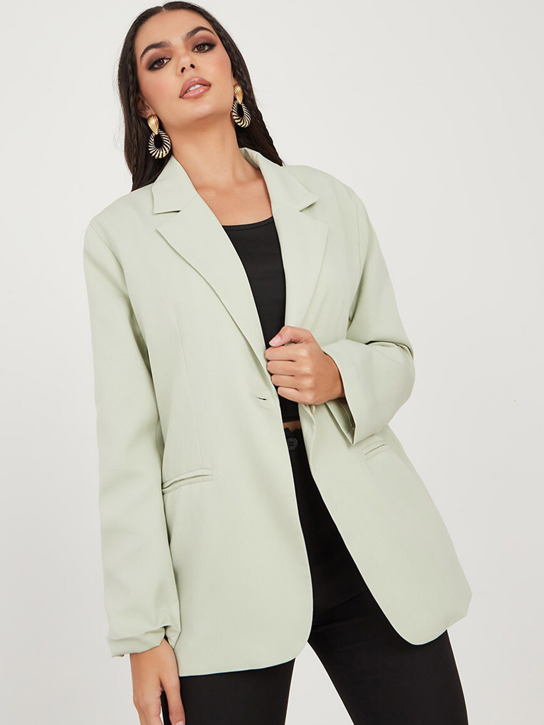 

Styli Oversized Single Breasted Longline Formal Blazer, Sea green
