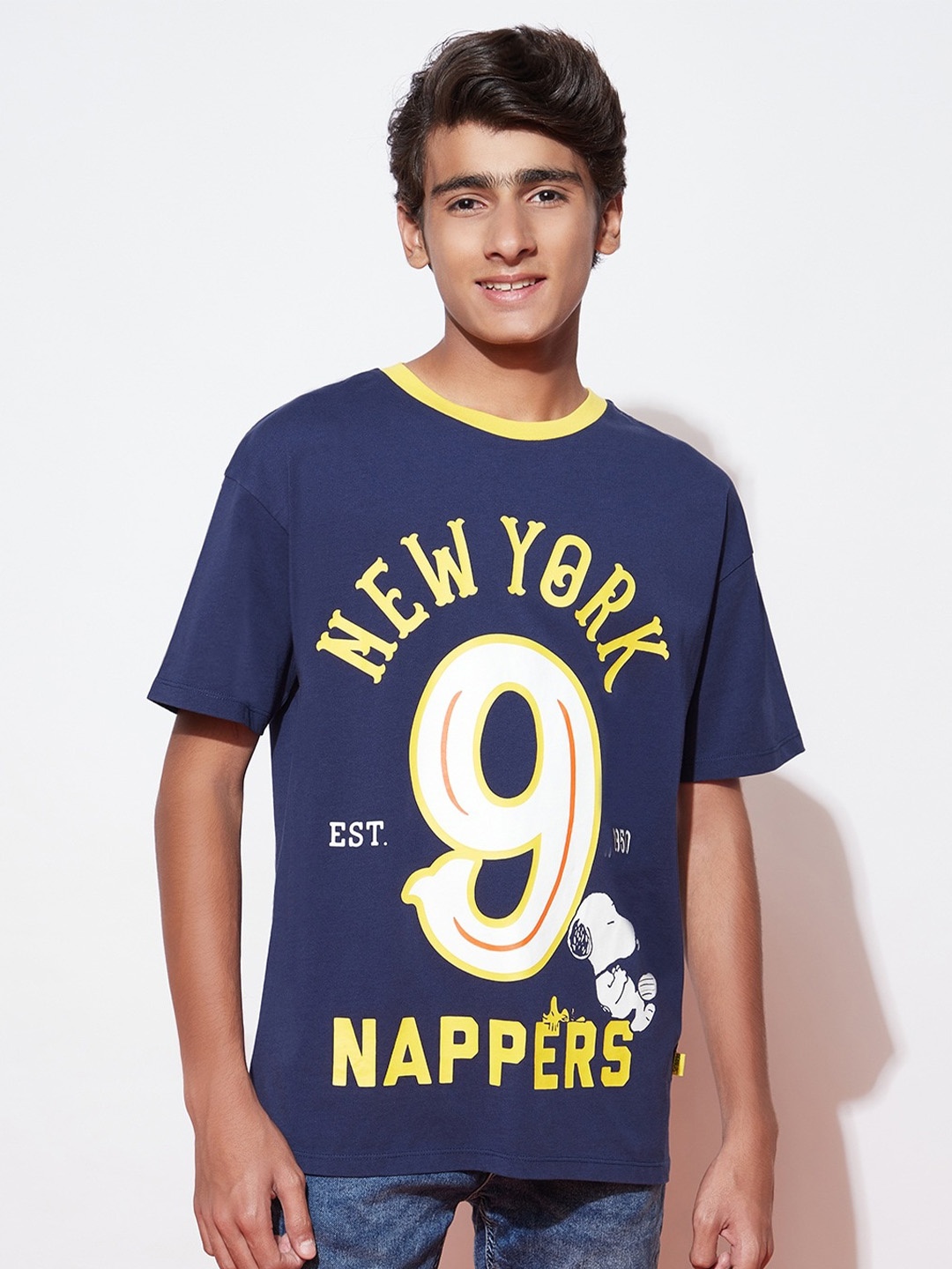 

SPUNKIES Boys Snoopy & Typography Printed Air Max Cotton T-shirt, Navy blue