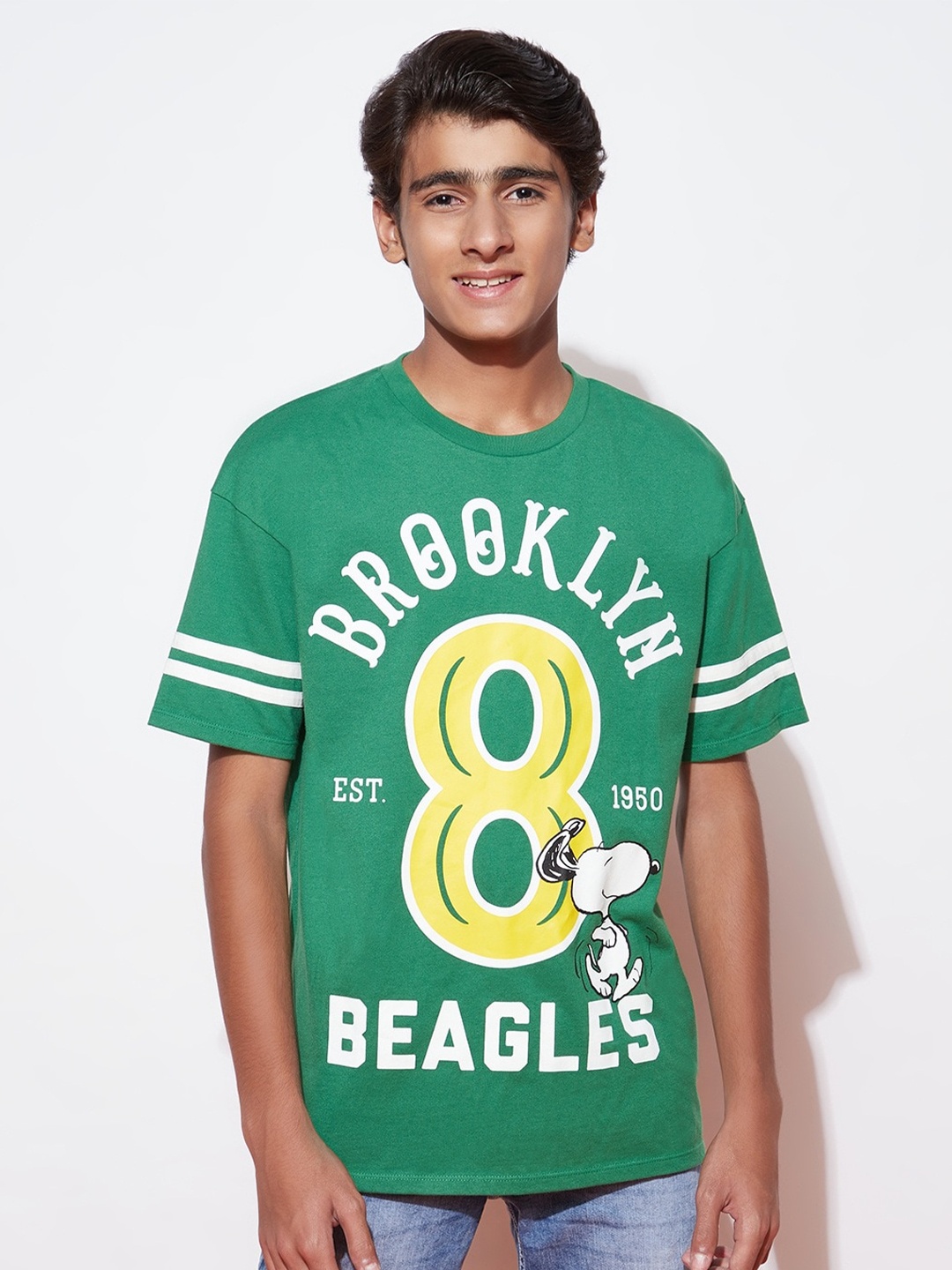

SPUNKIES Boys Snoopy & Typography Printed Air Max Cotton T-shirt, Green