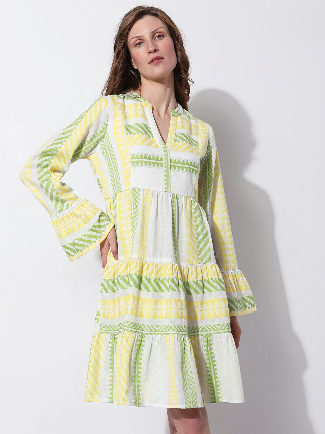 

Vero Moda Geometric Printed Bell Sleeve A-Line Dress, White