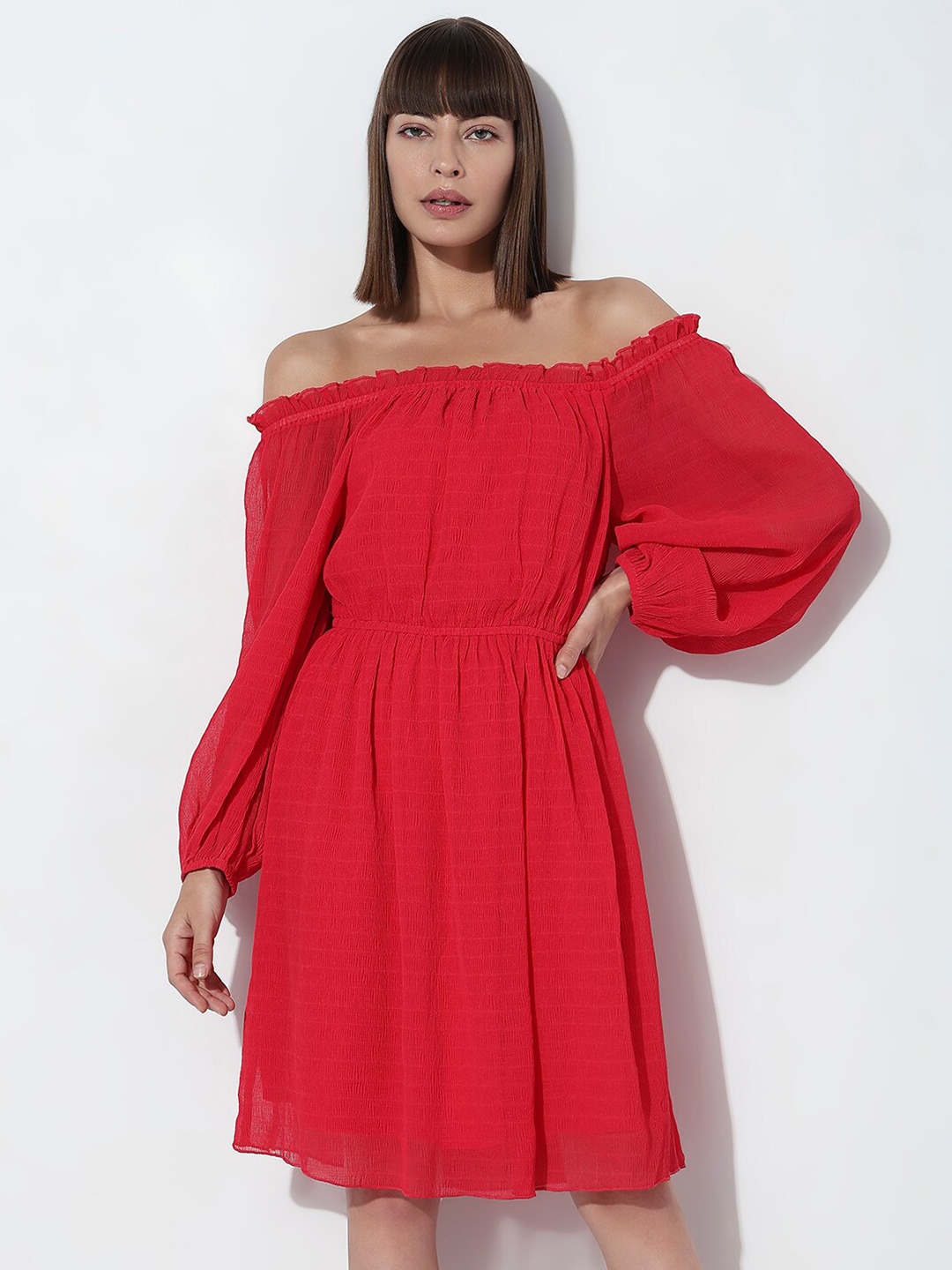 

Vero Moda Striped Off-Shoulder Fit & Flare Midi Dress, Red
