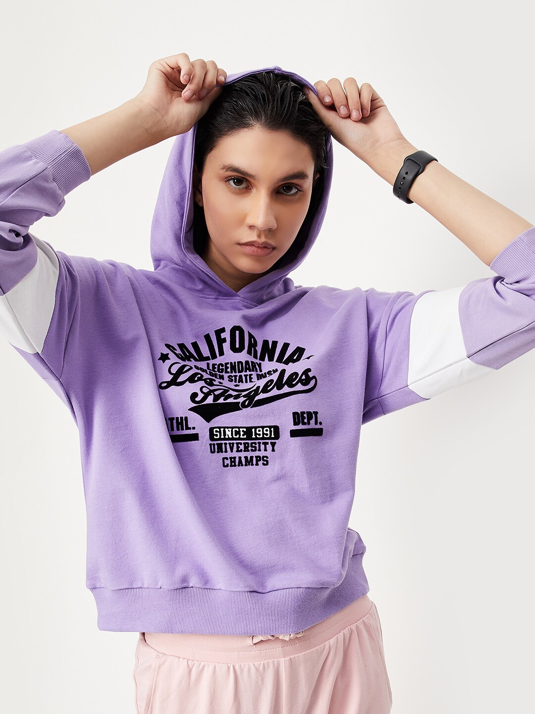 

max Typography Printed Hooded Pure Cotton Crop Pullover, Purple