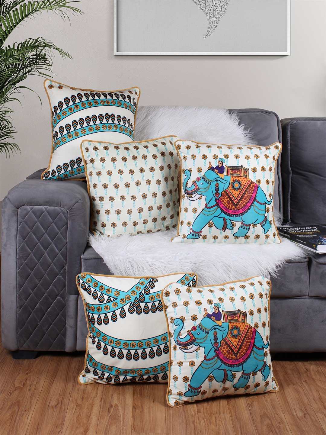 

STITCHNEST White & 5 Pieces Ethnic Motifs Printed Velvet Square Cushion Covers