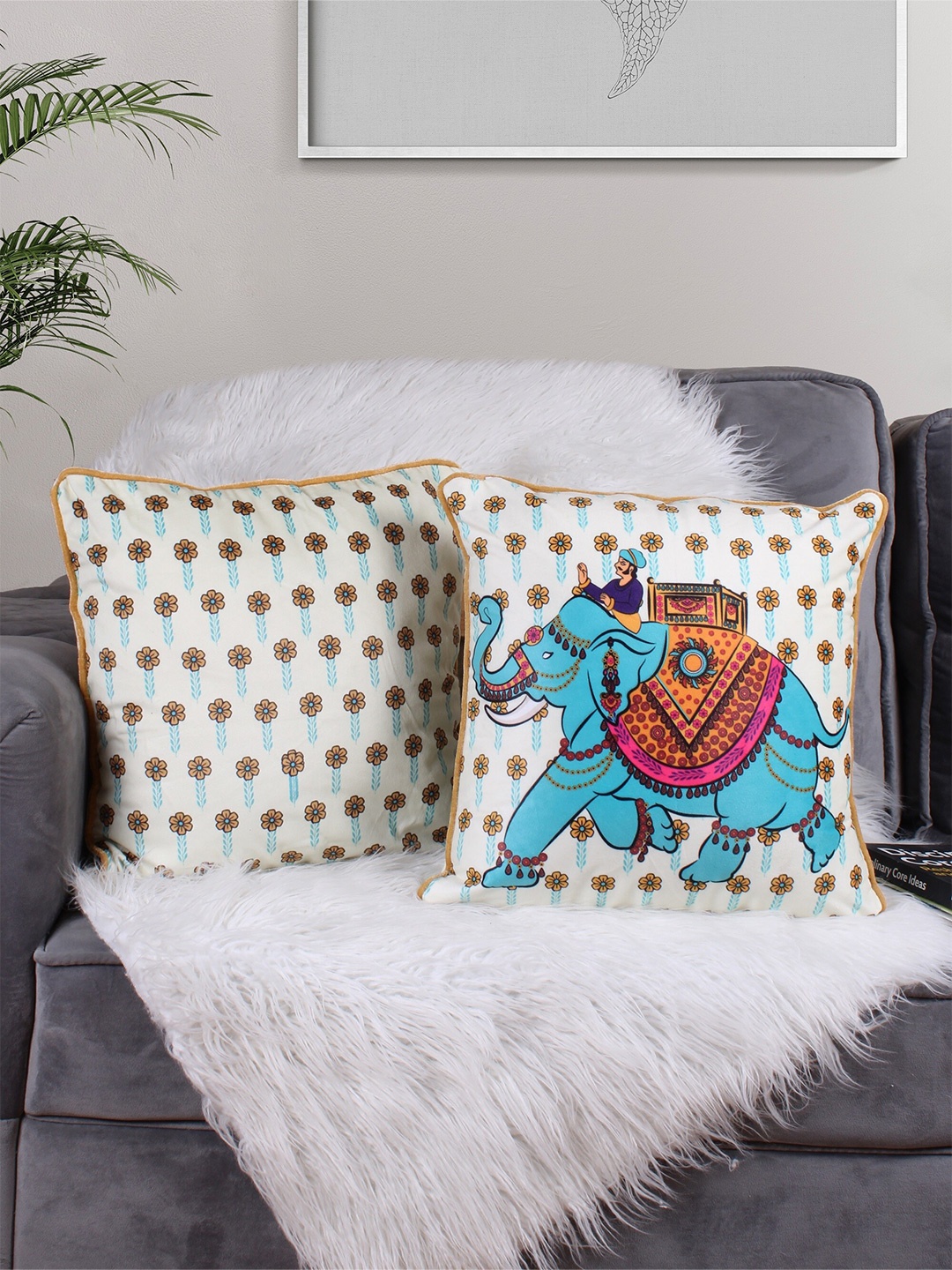 

STITCHNEST White & Turquoise Blue 2 Pieces Floral Velvet Square Cushion Covers