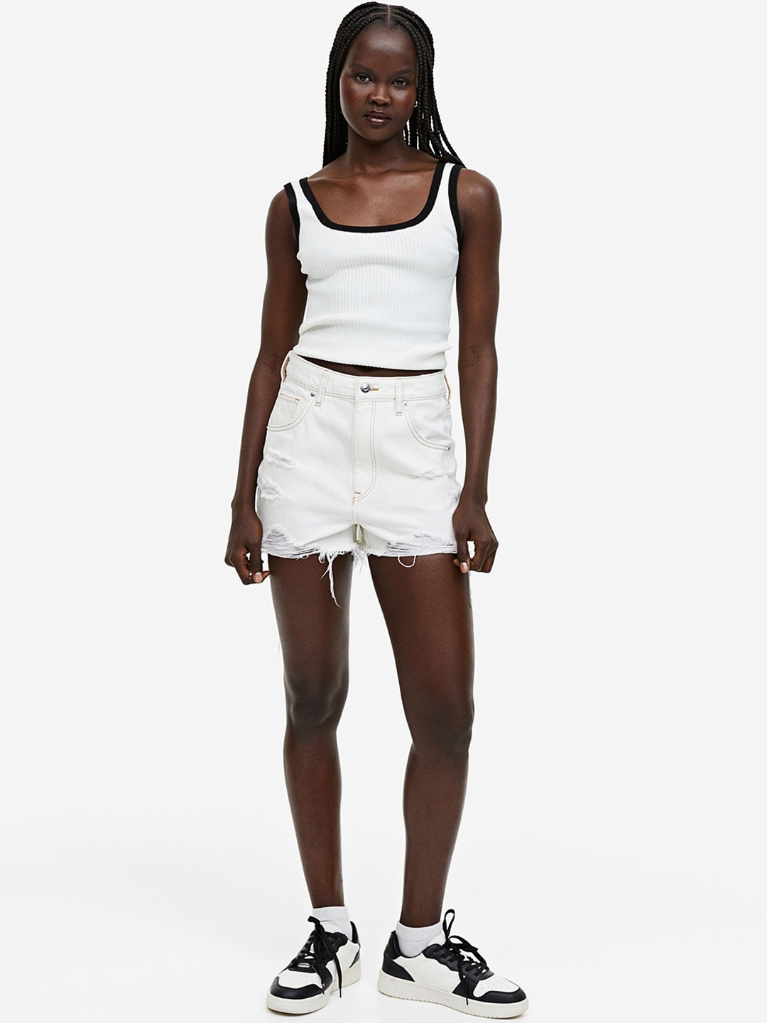 

H&M Women High-Waisted Pure Cotton Denim Shorts, White